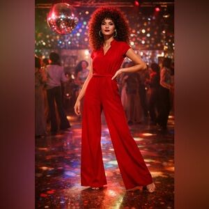 70s retro red tie waist disco groovy jumpsuit scoop neck